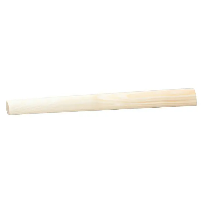 Viertelstab - 240 x 2,8 x 2,8 cm, Kiefer - Holzrundstab: Ein heller Holzrundstab liegt quer vor einem schwarzen Hintergrund, der die natürliche Maserung des Holzes hervorhebt.