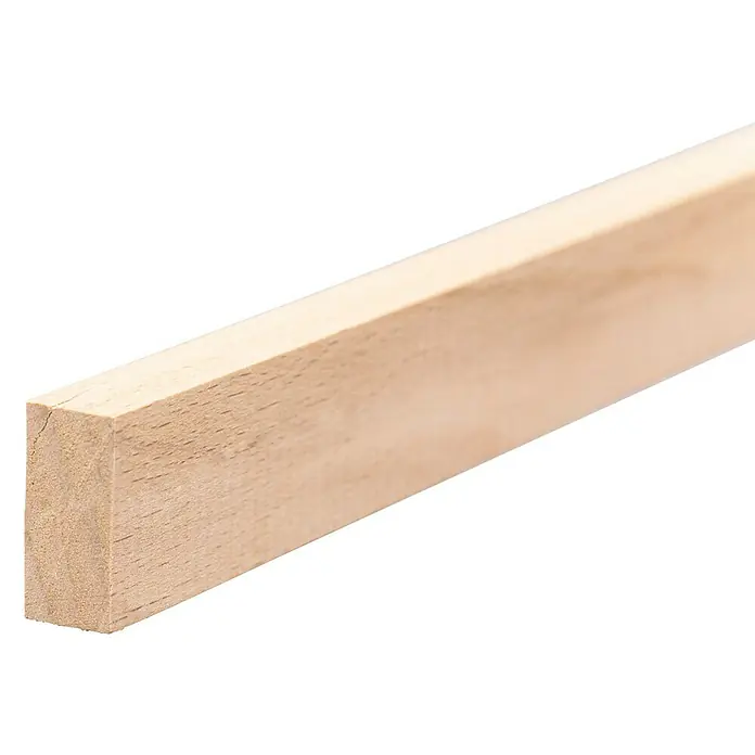 Rechteckleiste - 100 cm x 20 mm x 10 mm, Buche - Nahaufnahme eines hellen Holzstabes mit sichtbarer Maserung vor schwarzem Hintergrund.