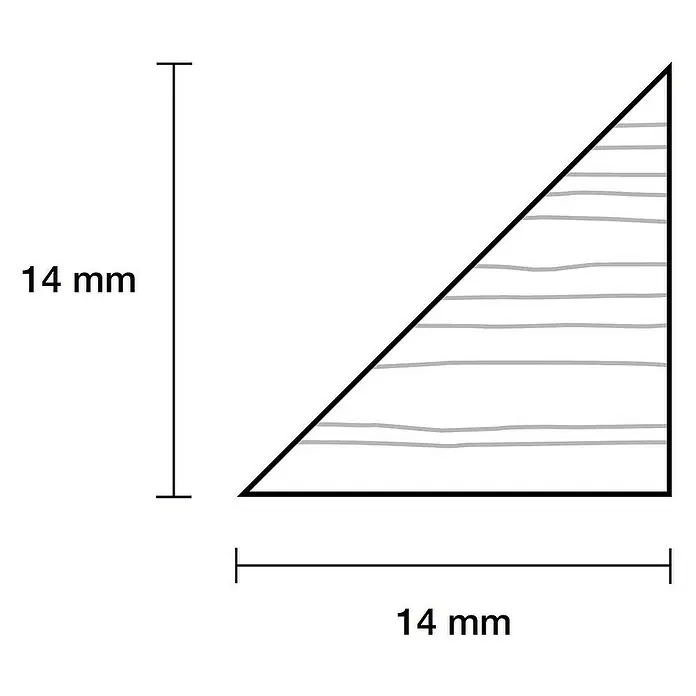 Dreikantleiste - L x B x H: 240 x 1,4 x 1,4 cm, Kiefer - Grafik eines rechtwinkligen Dreiecks mit Maßen 14 mm x 14 mm, ideal für technische Zeichnungen oder geometrische Darstellungen.