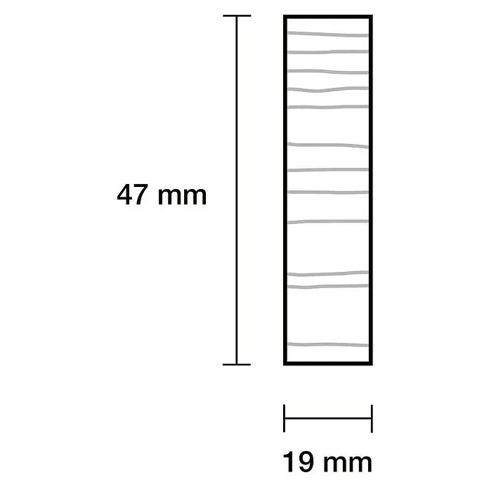 Rechteckleiste - 90 cm x 47 mm x 19 mm, Kiefer - Abbildung einer Holzleiste mit den Maßen 47 mm Länge und 19 mm Breite, die die Größe und Beschaffenheit des Produkts hervorhebt.