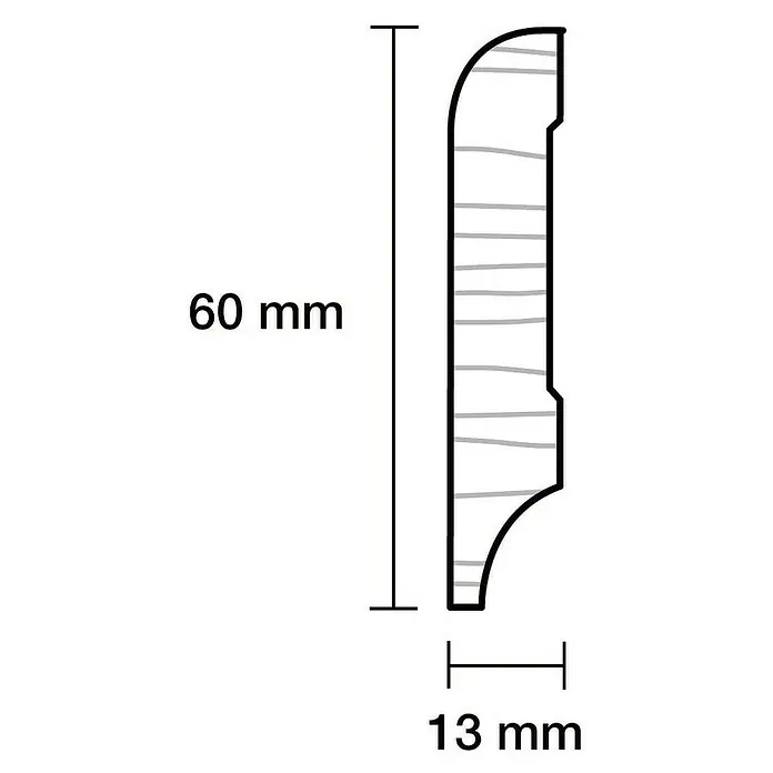 Sockelleiste - 240 x 1,3 x 6 cm, Kiefer - Detailzeichnung einer Sockelleiste mit Maßen: 60 mm hoch und 13 mm tief. Perfekt für präzise Planung und Montage.