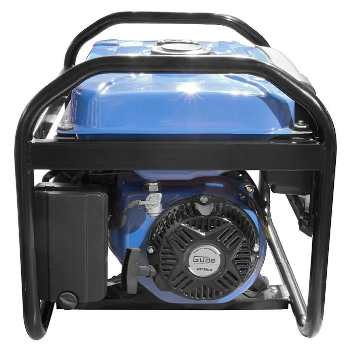 Güde Stromerzeuger GSE 2701 - 2,2 kW, Tankvolumen: 15 l, Verbrauch: 1,25 l/h - Nahaufnahme eines blauen Güde Stromerzeugers mit schwarzem Rahmen.