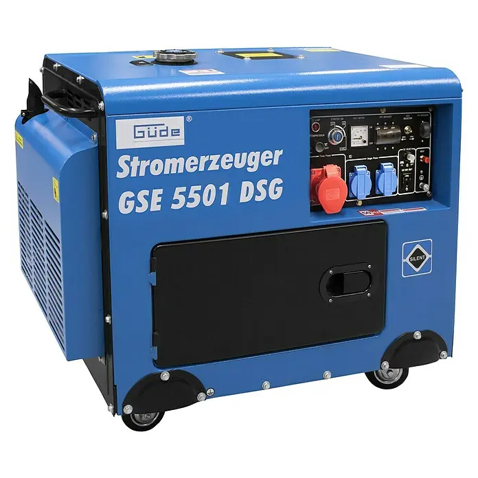 Güde Stromerzeuger GSE 5501 DSG - 5 kW, Tankvolumen: 14,5 l, Verbrauch: 1,5 l/h - Abbildung eines blauen Güde Stromerzeuger GSE 5501 DSG, einem robusten und zuverlässigen Gerät für die Stromversorgung.