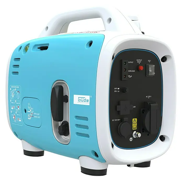 Güde Stromerzeuger 800-1 - 0,8 kW, Tankvolumen: 2,1 l - Ansicht eines Güde Stromerzeugers mit blau-weißem Gehäuse, der tragbar ist und verschiedene Anschlüsse für Stromversorgung bietet.