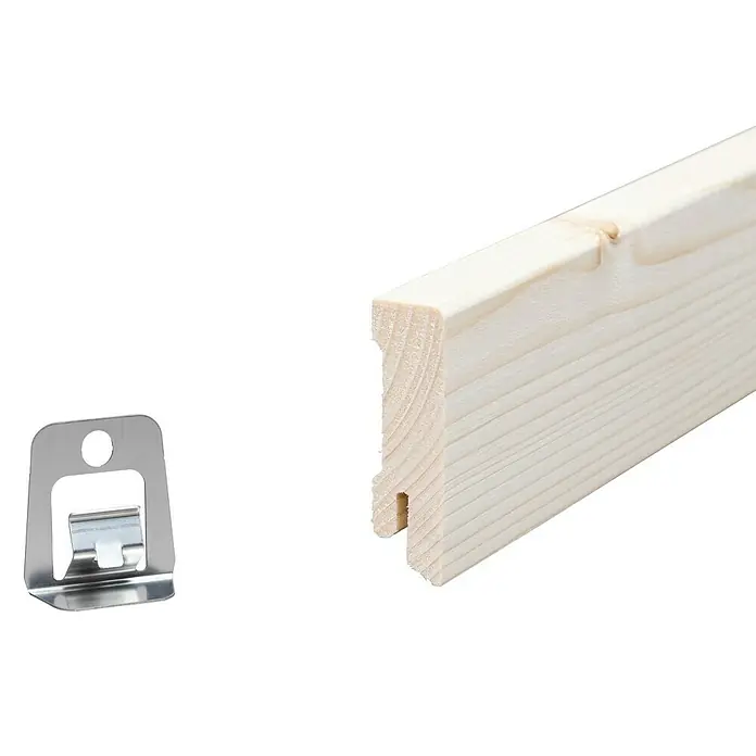 Sockelleiste - 240 x 1,6 x 5,8 cm, Fichte, Unbehandelt - Nahaufnahme eines Holzrahmens mit Aufhänger, ideal zum Aufhängen von Leinwänden und Bildern.