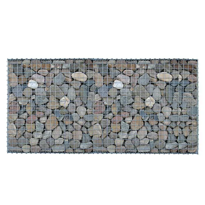 Gabiona Gabione - 200 x 20 x 100 cm, Metall, Maschenbreite: 50 mm, Maschenhöhe: 50 mm - Nahaufnahme eines Gabionen-Steinkorbs, der mit abgerundeten Natursteinen in verschiedenen Farbnuancen gefüllt ist. Der Drahtkorb ist silbern.