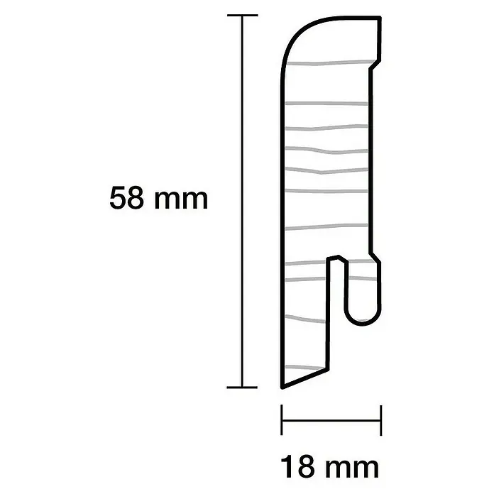 Sockelleiste - 240 x 1,8 x 5,8 cm, Fichte, Unbehandelt - Profilschnittzeichnung eines Türprofils mit den Maßen 58 mm Höhe und 18 mm Breite, ideal für Bau- und Renovierungsprojekte.