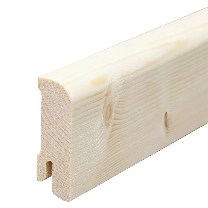 Sockelleiste - 240 x 1,8 x 5,8 cm, Fichte, Unbehandelt - Profilholz aus hellem Holz mit Nut und Feder für den Innenausbau, gut erkennbare Holzmaserung, vor dunklem Hintergrund.