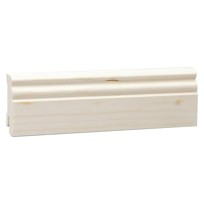 Sockelleiste - 240 x 1,8 x 5,8 cm, Fichte, Profiliert - Detailaufnahme einer profilierten, unbehandelten Holzleiste, ideal für DIY-Projekte und Innenausbau. Natürliche Holzmaserung sichtbar.