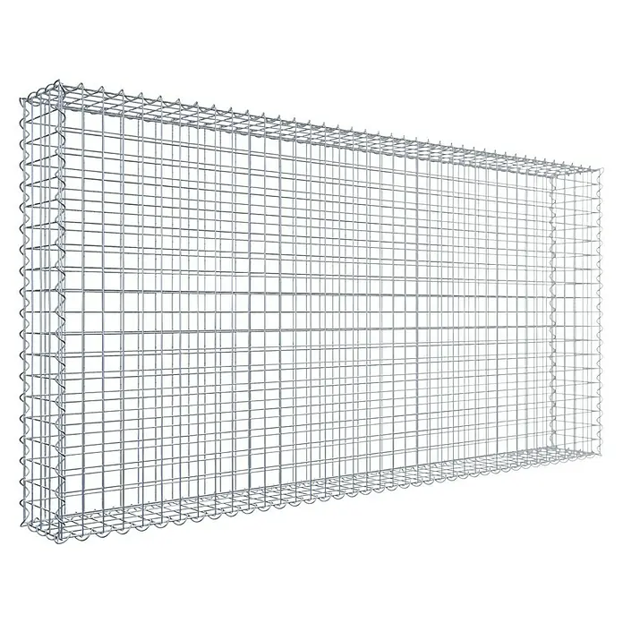 Gabiona Gabione - 200 x 20 x 100 cm, Metall, Maschenbreite: 50 mm, Maschenhöhe: 50 mm - Das Bild zeigt einen rechteckigen Gabionenkorb aus Drahtgeflecht, der als Stützmauer oder zur Landschaftsgestaltung verwendet werden kann. Er ist robust und langlebig.