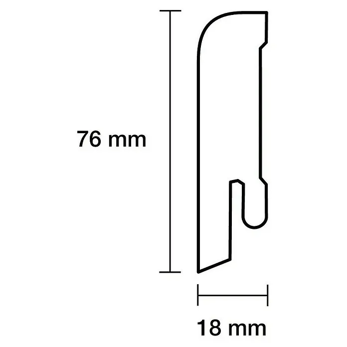 Sockelleiste - 244 x 1,8 x 7,6 cm, MDF, Weiß, Lackiert - Profilansicht des Produkts mit den Maßen 76 mm Höhe und 18 mm Breite, ideal für detaillierte technische Zeichnungen und Produktvisualisierung.