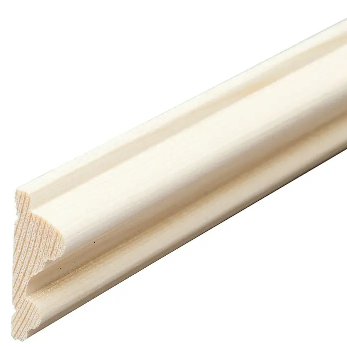 Profilleiste - 240 x 1,1 x 3 cm, Kiefer - Nahaufnahme einer unbehandelten Holzleiste mit profilierter Kante, ideal für Rahmen oder Zierleisten, auf schwarzem Hintergrund.