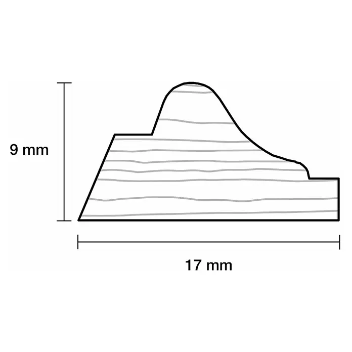 Profilleiste - 240 x 0,9 x 1,7 cm, Abachi - Abbildung eines Holzprofils mit den Maßen 9 mm Höhe und 17 mm Breite, das ein dekoratives Design für Zierleisten oder Rahmen zeigt.