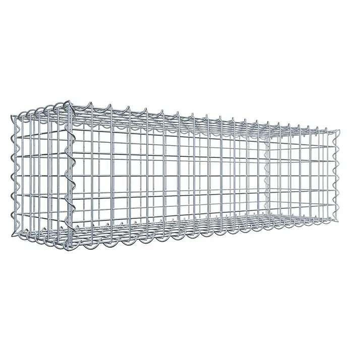 Gabiona Gabione - 100 x 30 x 30 cm, Metall, Maschenbreite: 50 mm, Maschenhöhe: 50 mm - Das Bild zeigt einen leeren Gabionenkorb aus verzinktem Drahtgeflecht. Er ist rechteckig und bereit zur Befüllung mit Steinen oder anderen Materialien.
