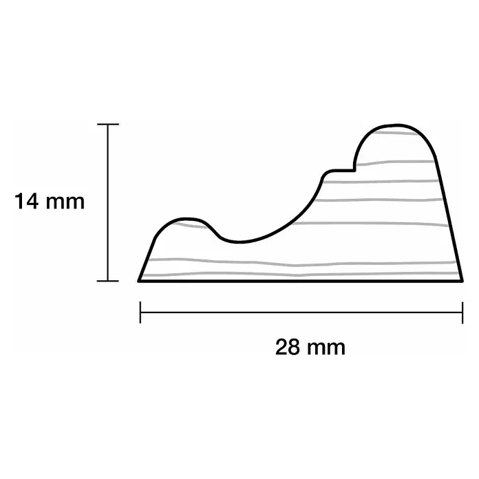 Profilleiste - 240 x 1,4 x 2,8 cm, Abachi - Profilansicht einer Holzleiste mit den Maßen 14 mm hoch und 28 mm breit. Die Leiste hat ein geschwungenes Design mit horizontalen Linien.