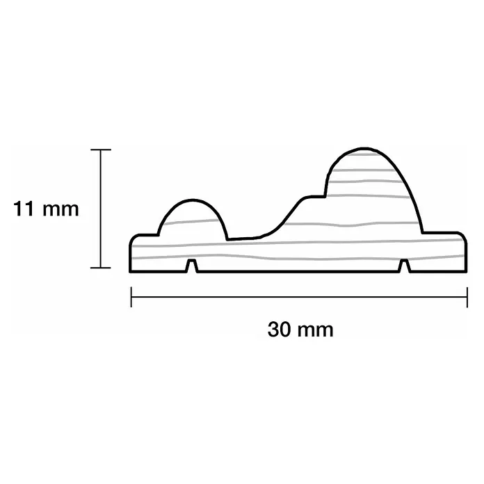 Profilleiste - 240 x 1,1 x 3 cm, Kiefer - Abbildung eines Holzprofils mit den Maßen 30 mm Breite und 11 mm Höhe, das für verschiedene Anwendungen im Innenausbau geeignet ist.