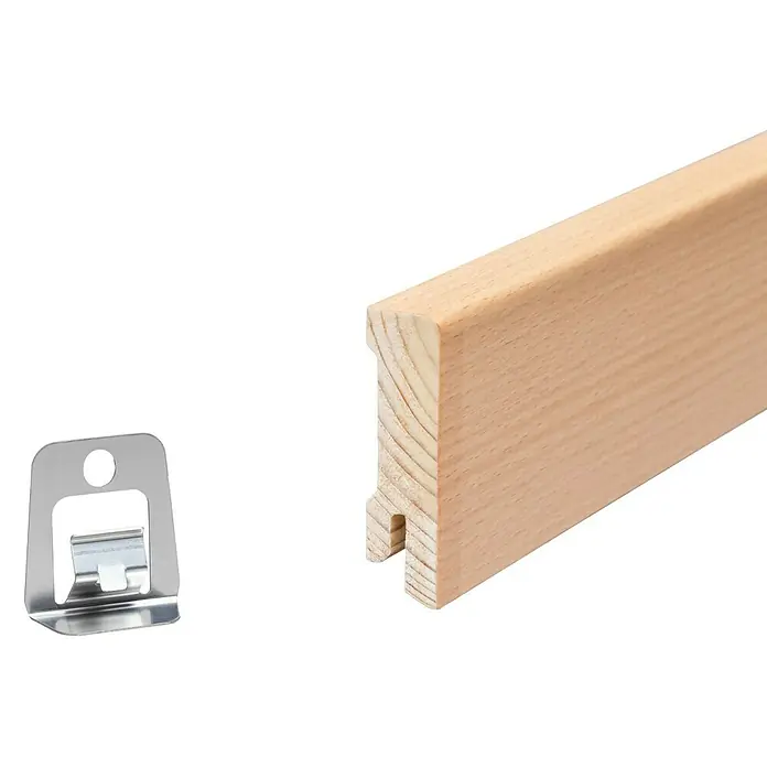Sockelleiste - 240 x 1,6 x 5,8 cm, Buche - Holzleiste mit passendem Montageclip. Ideal für eine einfache und sichere Befestigung. Perfekt für Wandpaneele und mehr.