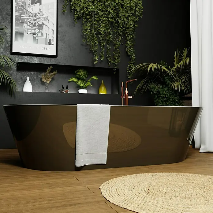 Camargue Freistehende Badewanne Torino - L x B: 170 x 80 cm, Sanitäracryl, Beige/Weiß - Elegante braune Badewanne mit Handtuch und rundem Teppich. Die perfekte Ergänzung für ein stilvolles Badezimmer.