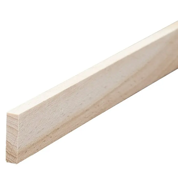 Rechteckleiste - 100 cm x 20 mm x 5 mm, Buche - Nahaufnahme eines hellen Holzleistenstücks, das auf einem schwarzen Hintergrund platziert ist und dessen Textur und Maserung betont.