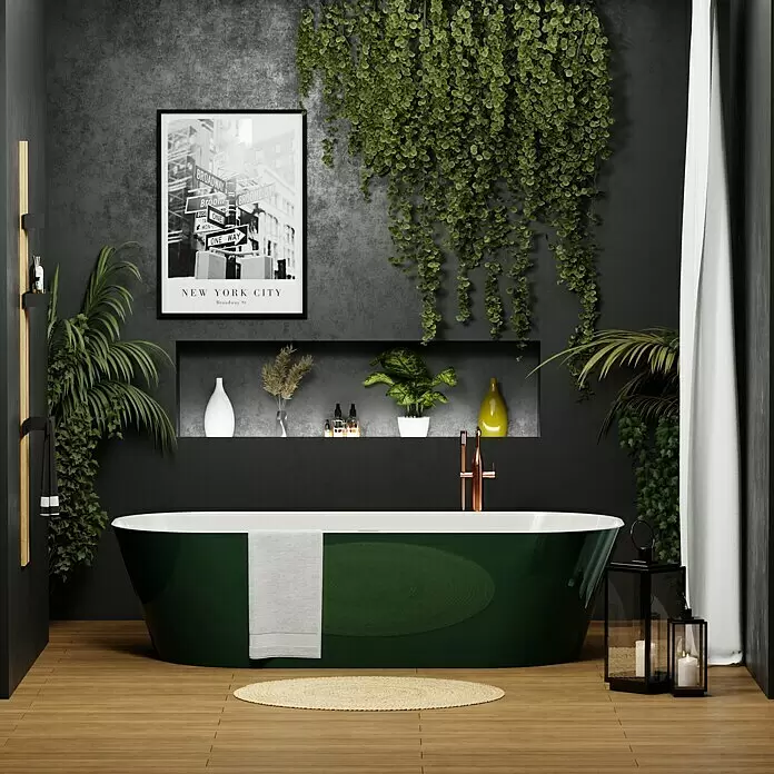 Camargue Freistehende Badewanne Torino - L x B: 170 x 80 cm, Sanitäracryl, Grün/Weiß - Eine elegante dunkelgrüne freistehende Badewanne mit weißer Innenseite auf Holzboden in einem modernen, pflanzenreichen Badezimmer.