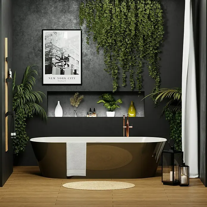 Camargue Freistehende Badewanne Torino - L x B: 170 x 80 cm, Sanitäracryl, Beige/Weiß - Badewanne in Brauntönen mit Handtuch, stilvolles Badezimmer-Interieur mit Pflanzen und dekorativen Elementen für eine entspannende Atmosphäre.