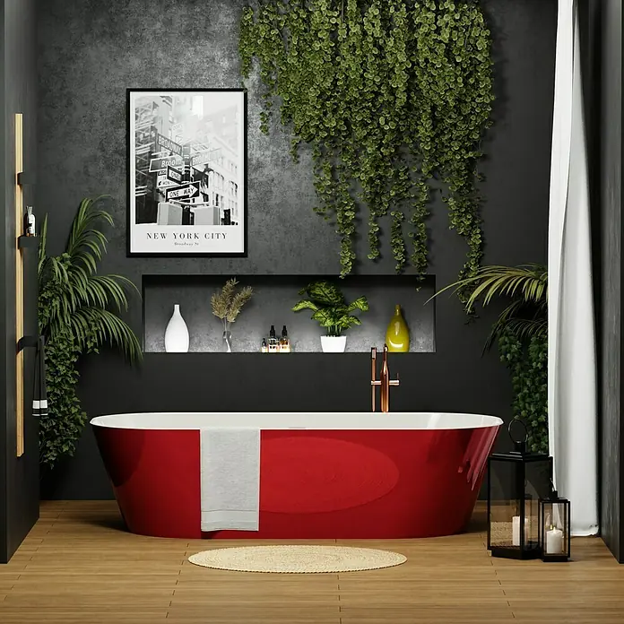 Camargue Freistehende Badewanne Torino - L x B: 170 x 80 cm, Sanitäracryl, Rot/Weiß - Elegantes Badezimmer mit freistehender, rot lackierter Badewanne als Blickfang, ergänzt durch Grünpflanzen und moderne Dekoration.