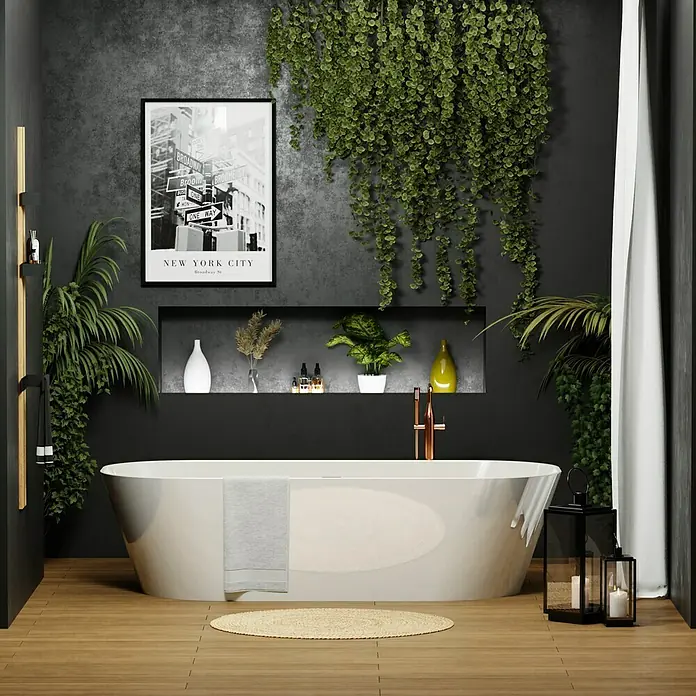 Camargue Freistehende Badewanne Torino - L x B: 170 x 80 cm, Sanitäracryl, Weiß - Das Bild zeigt ein modernes Badezimmer mit einer freistehenden Badewanne, grünen Pflanzen und einem stilvollen New York City-Poster.