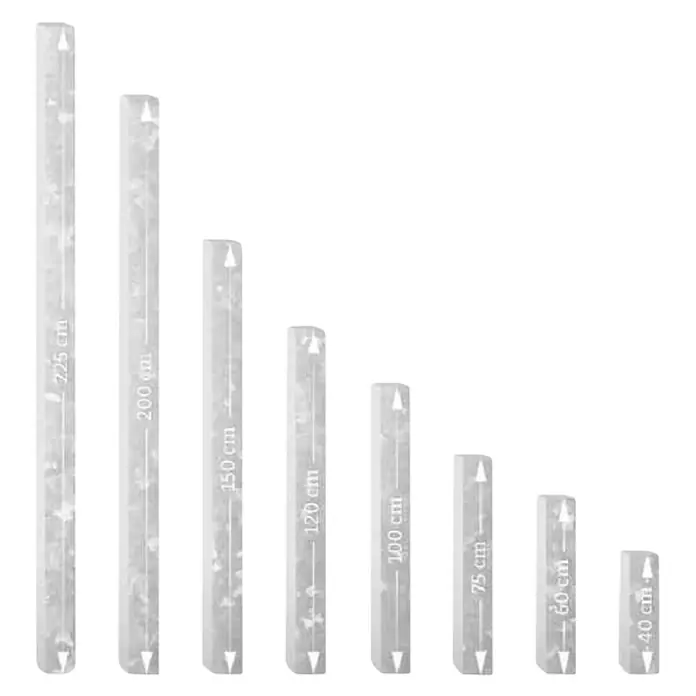 Gabiona ZaunpfostenHöhe: 80 cm, Metall - Das Bild zeigt unterschiedlich lange, graue Stäbe mit den Längen 225 cm, 200 cm, 150 cm, 120 cm, 100 cm, 75 cm, 60 cm und 40 cm.