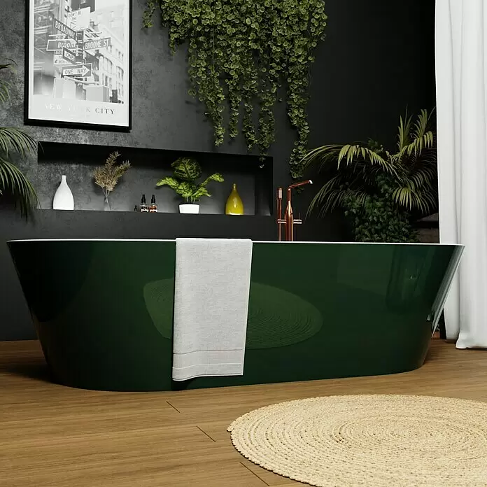 Camargue Freistehende Badewanne Torino - L x B: 170 x 80 cm, Sanitäracryl, Grün/Weiß - Dunkelgrüne freistehende Badewanne mit weißem Handtuch in einem stilvollen Badezimmer.