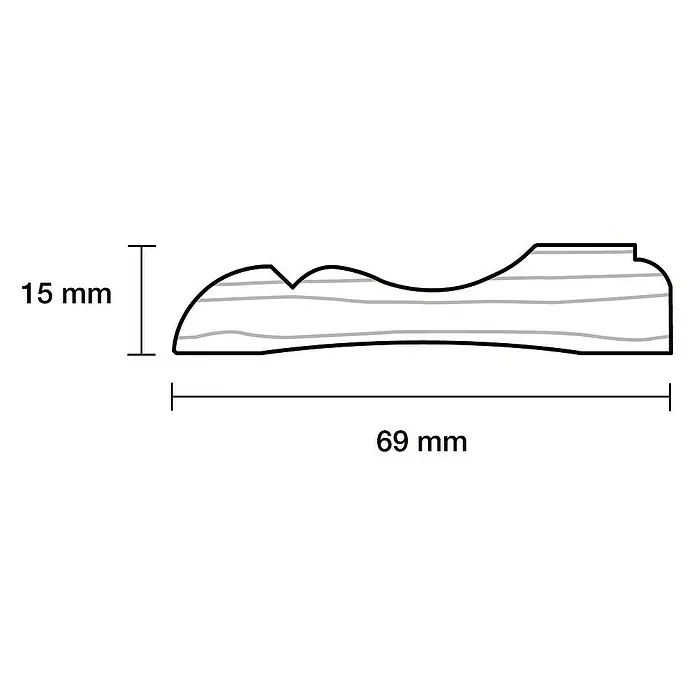 Profilleiste - 240 x 6,9 x 1,5 cm, Kiefer - Abbildung eines Holzstücks mit den Maßen 69 mm Länge und 15 mm Höhe, das die Maserung zeigt.