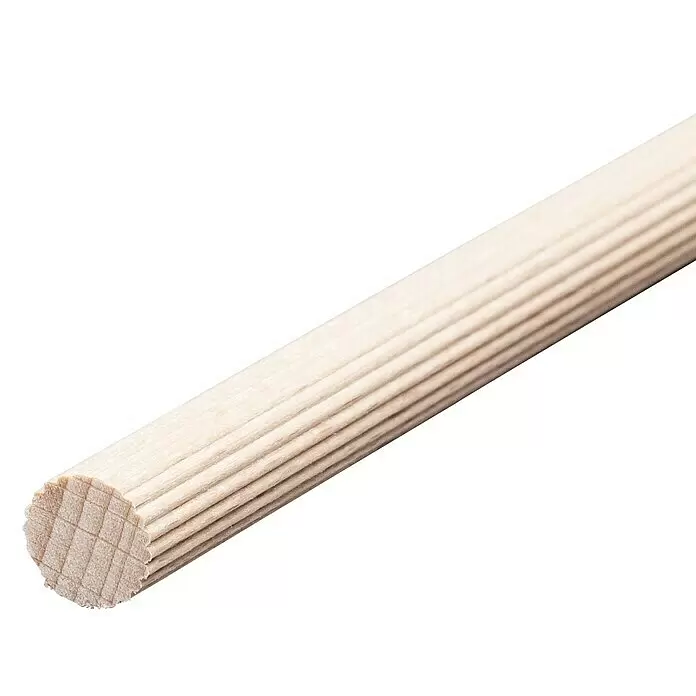 Rundstab I - Ø x L: 16 mm x 1 m, Buche, Gerillt - Geriffelte Holzdübel aus hellem Holz für Holzverbindungen, mit sichtbarer Hirnholzstruktur.
