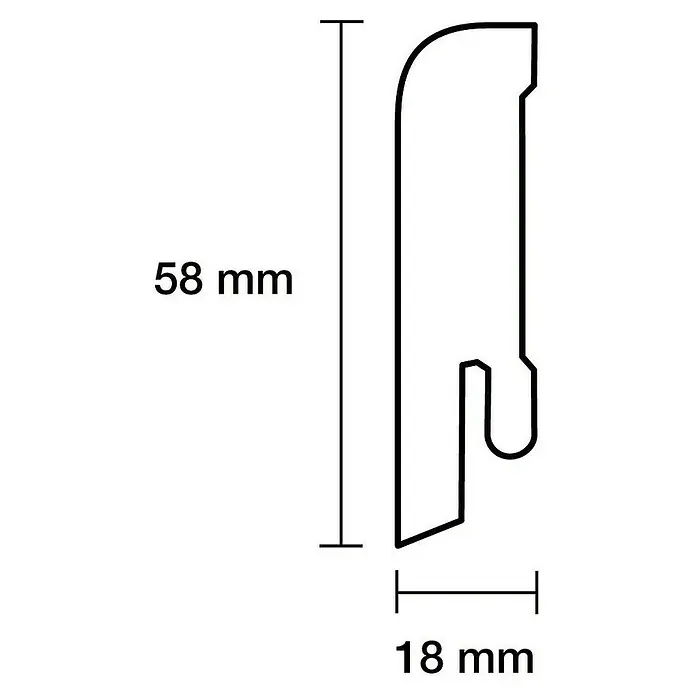 Sockelleiste - 244 x 1,8 x 5,8 cm, MDF, Weiß, Lackiert - Profilansicht eines Kunststoffprofils mit den Maßen 58 mm Höhe und 18 mm Breite, das ein spezielles Design für verschiedene Anwendungen aufweist.