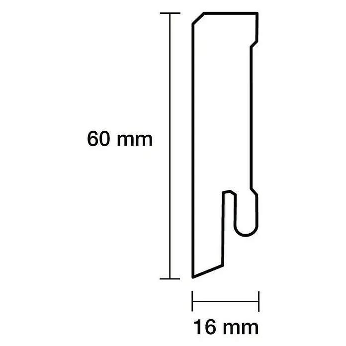 Sockelleiste - 244 x 1,6 x 6 cm, MDF - Abbildung eines 60 mm x 16 mm großen Profils, das für verschiedene Anwendungen geeignet ist. Ideal für Heimwerkerprojekte und professionelle Installationen.