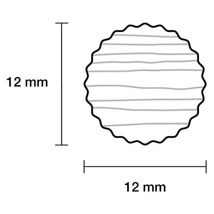 Rundstab I - Ø x L: 12 mm x 1 m, Buche, Gerillt - Abbildung einer runden, gewellten Filzscheibe mit grauen horizontalen Linien und den Maßen 12 mm x 12 mm.