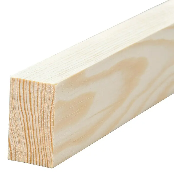 Rechteckleiste - 240 x 4 x 2,3 cm, Kiefer - Nahaufnahme eines hellen, unbehandelten Kantholzes mit deutlicher Holzmaserung vor schwarzem Hintergrund. Ideal für Bau- oder DIY-Projekte.