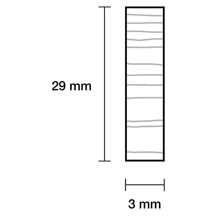 Rechteckleiste - 100 cm x 29 mm x 3 mm, Buche - Abbildung eines kleinen Holzstücks mit grauen Markierungen und den Maßen 29 mm Höhe und 3 mm Breite.