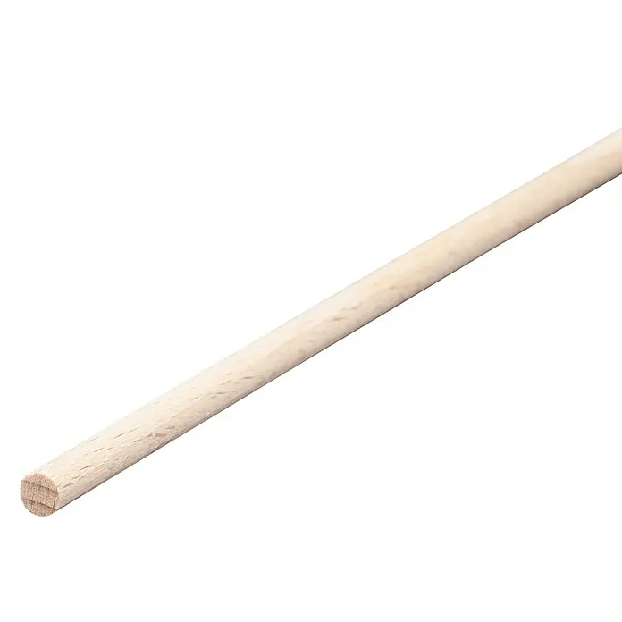 Rundstab I - Ø x L: 5 mm x 1 m, Buche, Glatt - Ein unbehandelter, runder Holzstab, ideal für Bastelprojekte oder als Material für Modellbau. Die helle Farbe und feine Maserung sind gut sichtbar.