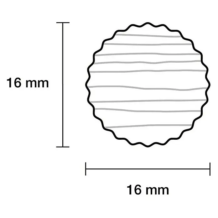 Rundstab I - Ø x L: 16 mm x 1 m, Buche, Gerillt - Illustration eines runden Dekorelements mit gewelltem Rand und horizontalen Linien, Maße 16 mm x 16 mm, ideal für kreative Projekte.