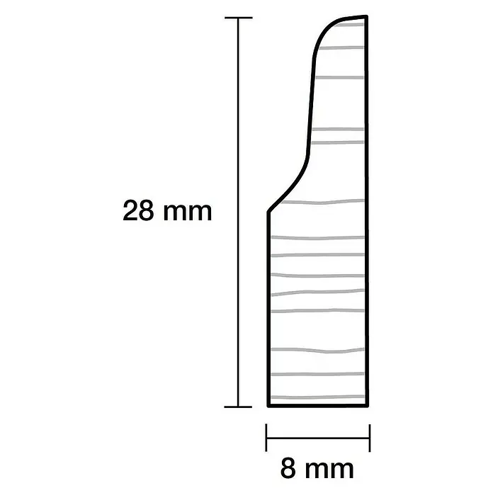 Sockelleiste - 240 x 0,8 x 2,8 cm, Nadelholz - Darstellung eines Profils mit Abmessungen. Das Profil ist 28 mm hoch und 8 mm breit. Es zeigt eine stilvolle Formgebung.