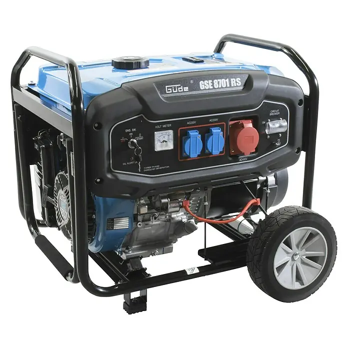 Güde Stromerzeuger GSE 8701 RS - 3,5 kW - 7,8 kW, Tankvolumen: 25 l, Verbrauch: 4,2 l/h - Abbildung eines Güde GSE 8701 RS Stromerzeugers mit blauem Gehäuse, schwarzem Rahmen und Rädern für den einfachen Transport.