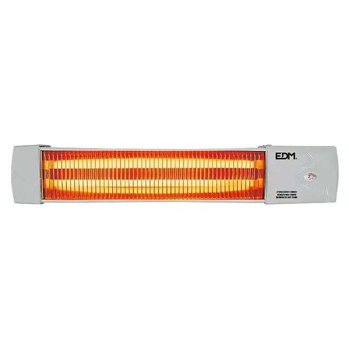Estufa de cuarzo con dos barras - 10 x 57 x 10,5 cm - Primer plano de un calefactor radiante EDM, irradiando calor, con un claro enfoque en el diseño y la funcionalidad.