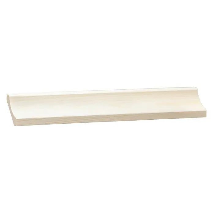 Hohlkehlleiste - 240 x 2,9 x 2,9 cm, Kiefer - Nahaufnahme eines Holzbilderregals mit abgerundeten Kanten und einer hellen, natürlichen Holzfarbe vor schwarzem Hintergrund.