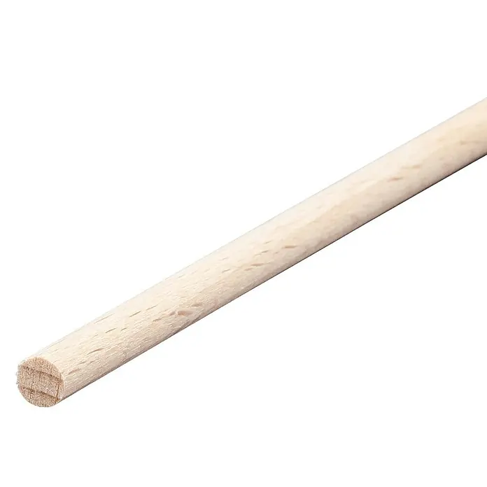 Rundstab I - Ø x L: 10 mm x 1 m, Buche, Glatt - Nahaufnahme eines hellen Holzrundstabs mit sichtbarer Maserung, ideal für Bastelprojekte und Modellbau, auf schwarzem Hintergrund.