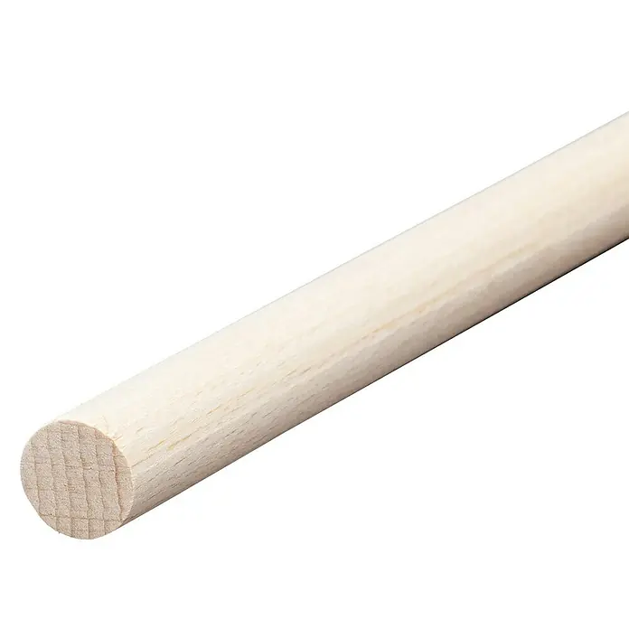 Rundstab I - Ø x L: 16 mm x 1 m, Buche, Glatt - Nahaufnahme eines unbehandelten, hellen Holzrundstabs vor schwarzem Hintergrund. Ideal für Bastelprojekte und Modellbau.