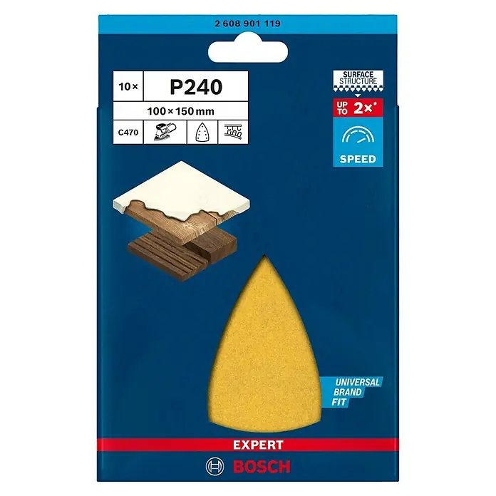 Bosch Expert Delta-Schleifpapier C470 - Körnung: 240, 10 Stk. - Bild eines Bosch Expert Schleifpapier-Sets mit P240 Körnung, 10 Stück, 100x150mm, für eine feine Oberflächenbearbeitung und schnelles Schleifen.