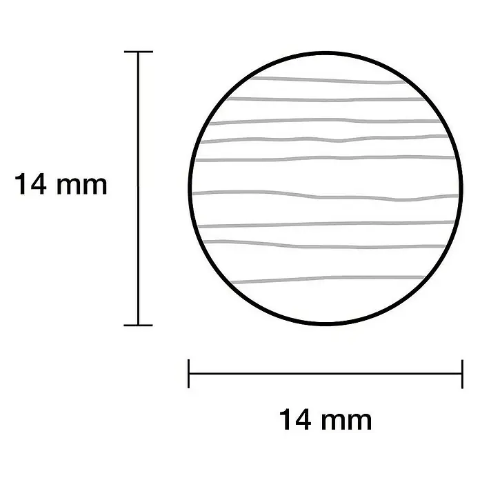 Rundstab I - Ø x L: 14 mm x 1 m, Buche, Glatt - Abbildung eines kreisförmigen Produkts mit horizontalen grauen Linien im Inneren und Abmessungen von 14 mm.