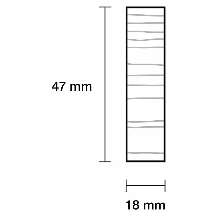 Rechteckleiste - 240 x 1,9 x 4,7 cm, Kiefer - Abbildung eines Holzstücks mit einer Länge von 47 mm und einer Breite von 18 mm, das die Abmessungen des Objekts veranschaulicht.