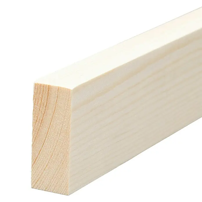 Rechteckleiste - 240 x 1,9 x 4,7 cm, Kiefer - Nahaufnahme eines unbehandelten Holzstücks mit deutlicher Maserung, ideal für Bau- und DIY-Projekte. Das helle Holz bietet vielseitige Einsatzmöglichkeiten.