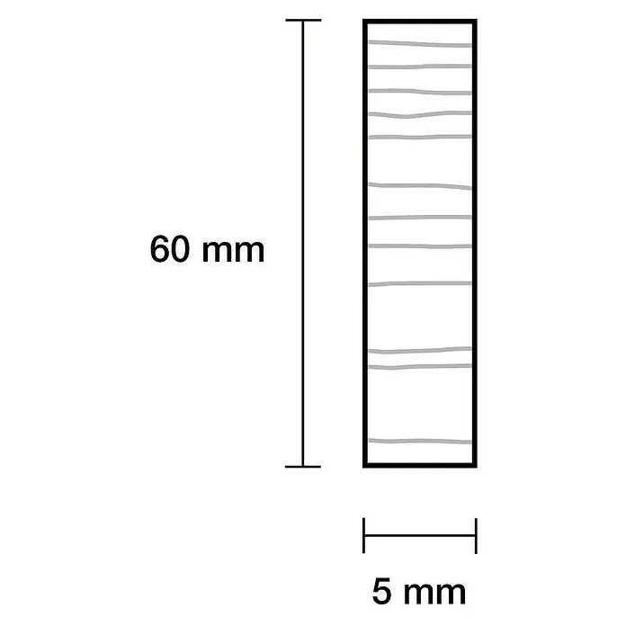 Rechteckleiste - 90 cm x 60 mm x 5 mm, Kiefer - Abbildung eines Holzstücks mit den Maßen 60 mm Länge und 5 mm Breite, das verschiedene Wachstumsringe aufweist.