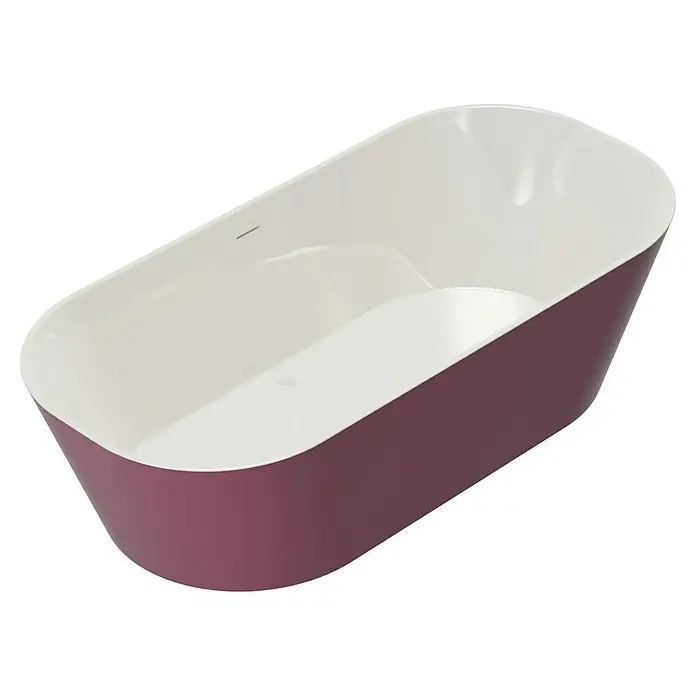 Camargue Freistehende Badewanne Torino - L x B: 170 x 80 cm, Sanitäracryl, Bordeaux/Weiß - Nahaufnahme einer modernen, freistehenden Badewanne in Pflaumenfarbe mit glänzend weißem Innenraum, ideal für ein luxuriöses Badezimmer.